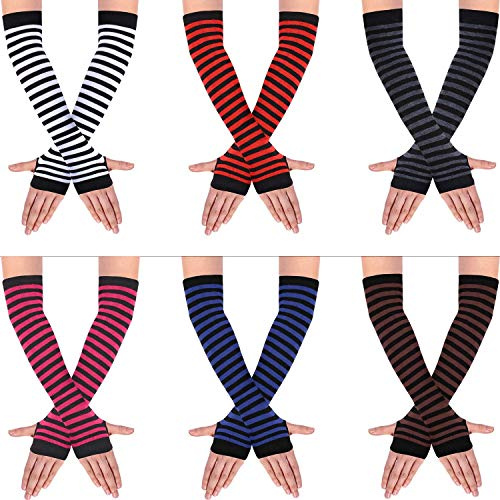 SATINIOR 6Pairs Long Fingerless Gloves Women Striped Arm Warmer Punk Gothic Rock Y2k Emo Scene Striped(Diversified Color,6 Pairs)