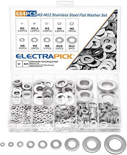 electrapick 684 Stück Flach Unterlegscheiben, Edelstahl Beilagscheiben mit 9 Größen Karosseriescheiben Sicherungsscheiben Sortiment Set (M2 M2.5 M3 M4 M5 M6 M8 M10 M12)