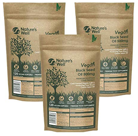 Black Seed Oil Soft Gel Capsules,120 (Non-GMO & Vegetarian 500mg) Egyptian Cold Pressed Nigella Sativa Black Cumin Seed Oil – Vegan and Halal & Kosher (Pack of 3 Pouches)