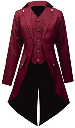 Crubelon Herren Steampunk Vintage Jacke Gothic Viktorianischen Frock Mantel Uniform - Rot - Large