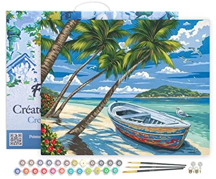 Figured'Art Malen Nach Zahlen Erwachsene Mit Rahmen Boot unter den Palmen - Paint by Numbers Basteln DIY Bastelset 40x50cm Leinwand gespannt auf Holzrahmen