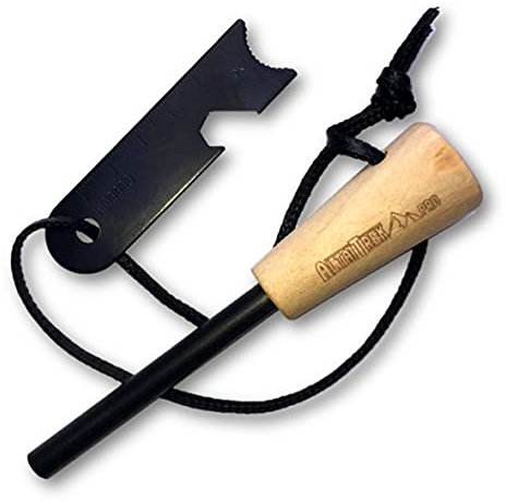 ALTAITREK PRO® Acciarino da sopravvivenza con asta in magnesio da 7 cm | Manico in legno artigianale e raschietto multiuso | Pietra focaia | Fiammiferi da campeggio | Perfetto per kit Survival