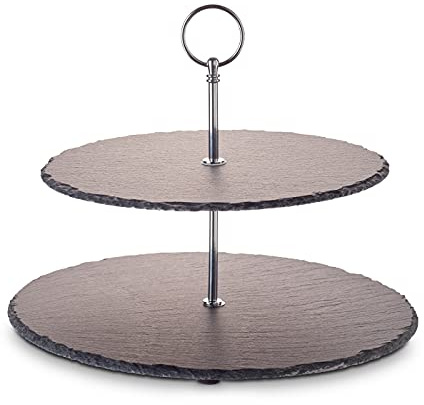 Echtwerk EW-ET-1778 Etagere-/ Servier-Ablage für Gebäck, Obst, Käse und Dessert aus Naturschiefer mit 2 Ebenen und Metallgriff, Silber-Edition, Ø Schieferplatten ca. 25/30 cm, Steingut