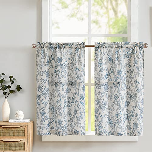 Lazzzy Kitchen Tier Curtains Linen Farmhouse Floral Gray Kitchen Cafe Curtains 24 Inch Length Small Rustic Country Rod Pocket Set 2 Panels Blue on Beige
