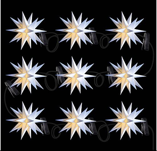 Novaliv Weihnachtsstern Lichterkette 9X Dekostern 12 cm Sterne 9er Sternenkette 13m Länge Weiss für INNEN und AUSSEN LED Licht mit Schuko Stecker Weihnachtsdeko Stern beleuchtet Weihnachtsbeleuchtung