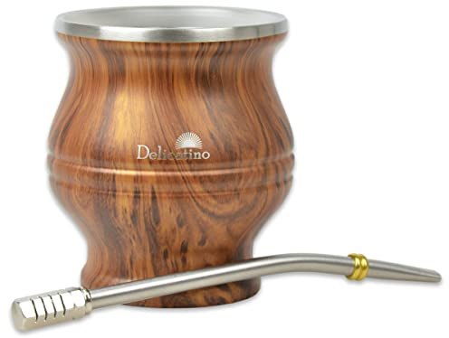 DELICATINO Mate KIT EDELSTAHL braun (Mate Becher BRAUN in Holzoptik + Bombilla HEXAGONAL 17cm)