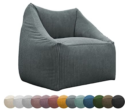 chilly pilley® Sitzsack Sessel in 2 Größen – Bequemer Bean Bag mit Bezug aus Cord, Leinenoptik oder wasserabweisendem Stoff – Moderner Loungesessel für Wohnzimmer, Kinderzimmer oder Terrasse (Grau)