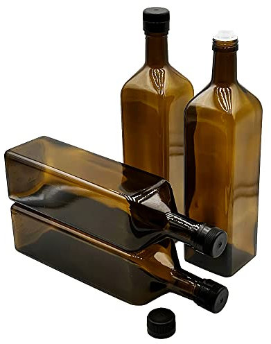 Devitre 4 Ölflaschen 1000 ml aus Glas, mit integriertem Ausgießer aus Kunststoff und Etiketten