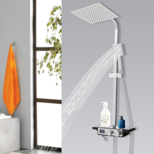 Duschsystem mit Thermostat Duschset mit Ablage Kopfbrause Handbrause Armatur Duscharmatur Badezimmer Wandmontage Brauseset Regendusche Duschkopf mit Schlauch und Halterung