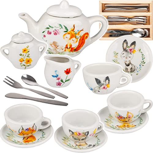 alles-meine.de GmbH 26 TLG. Set Puppengeschirr/Teeservice & Kaffeeservice + Besteckset - Waldtiere - Geschirr Porzellan/Keramik - Porzellangeschirr - Kinderküche - Picknick..