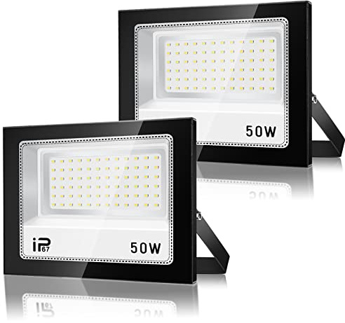LED Strahler Außen 50W 2 Stück IP67 Wasserdicht Superhell Fluter 5000LM Scheinwerfer 7000K Kaltweiß für Auffahrt, Hinterhof, Garten, Werkstatt