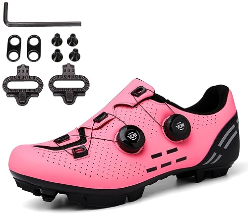 PENXZT Fahrradschuhe Herren MTB Rennradschuhe Mountainbike Schuhe Radschuhe 2 Loch Cleat System mit Schnalle,Rosa,42 EU