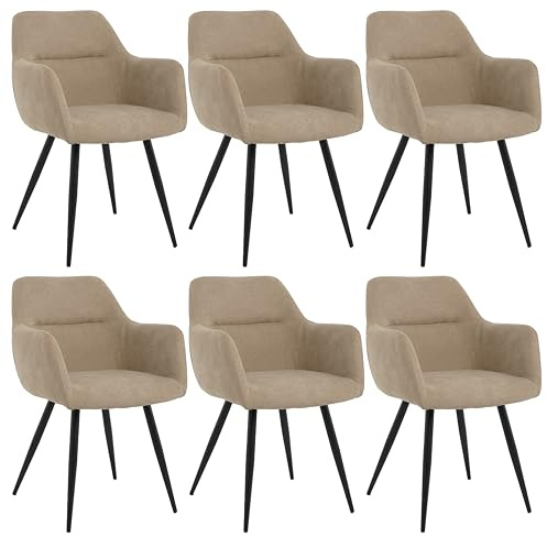 Esszimmerstühle 6er Set Beige – Leinenstoff Polsterstühle mit Armlehnen & Ergonomischer Rückenlehne – Komfortable Küchenstühle mit Weichem Bezug & Robusten Metallbeinen für Esszimmer & Wohnzimmer