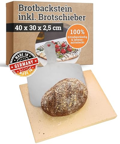 Feuerfest 123 Brotbackstein eckig inkl. Brotschieber I 40x30x2,5cm I Lebensmittelechte Backofen-Steinplatte aus Schamotte I Backstein für Backofen & Grill I Ideal für Brot, Pizza & Flammkuchen