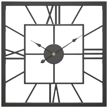 LNGFSH 50CM Metal Vintage Large Black Skeleton Wall Clock with Square Silent Roman Numerals for Living Room, Bedroom, Kitchen, Cafe, Hotel
