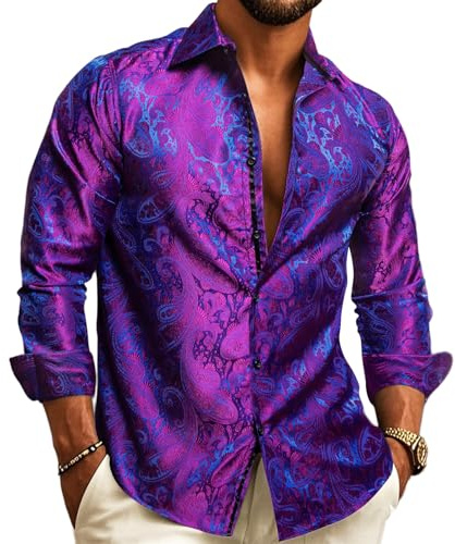 YOHOWA Camicia da uomo in seta con bottoni e motivo cachemire, camicia formale casual, da lavoro, vestibilità comoda, maniche lunghe