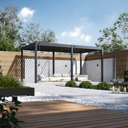 Weide Classic Pergola freistehend mit verstellbarem Lamellendach | Witterungsbeständiger Pavillon für Garten & Terrasse mit Handkurbel und integriertem Wasserablauf 3 x 5.3 m Anthrazit