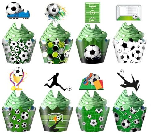 soccer 48 Pieces Cupcake Toppers and Wrappers, Soccer Ball Football Sports Field Cupcake Decorations for Boys Girls Kids, Party Supplies