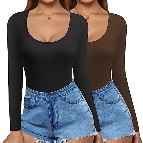 Ekouaer 2 Pack Long Sleeve Slim Fit T Shirt Thermal Tops Womens Scoop Neck Tops Shirts Basic Tight Tee, S-XXL