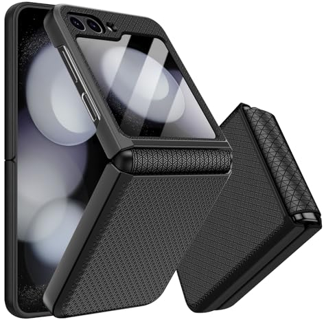 Giyer Handyhülle für Samsung Galaxy Z Flip 6 Hülle mit Displayschutzfolie Scharnierschutz, Rutschfester Textur Hard PC Rugged Stoßfest Schutzhülle für Samsung Z Flip 6 5G Flip Case Cover (Schwarz)
