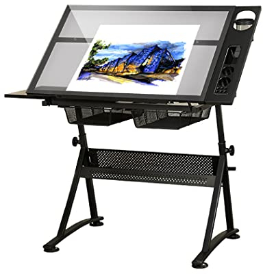KOHARA Zeichentisch, zusammenklappbarer Kunsttisch/Zeichentisch/Basteltisch mit Einstellbarer Höhe von 74–93 cm, 2 Schubladen und 0–80 ° neigbarer Tischplatte, gehärtetes Glas, Tragkraf