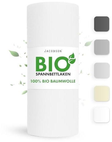 Jacobson Bio Spannbettlaken 200x200cm Baumwolle Spannbettlaken, GOTS zertifiziertes Bettlaken, 160g/m² Jersey Spannbetttuch (200x200, Weiß)