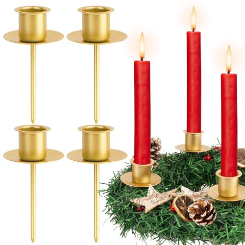 BOFUNX 4pcs Portavelas para Corona de Adviento Candelabros Velas Decoración Navidad Platos para Velas con Pincho Portavelas Metal Dorado