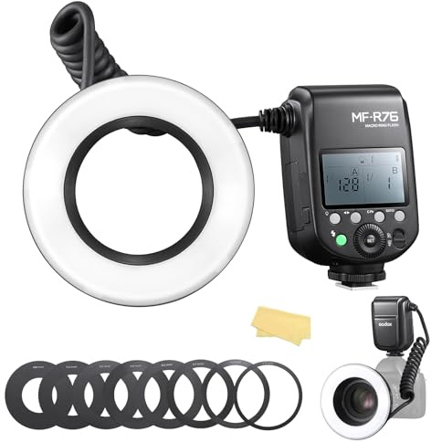 Godox MF R76 Macro LED Ring Flash 76Ws 660 Full-Power Flashes Recycle Time 0.1-1.5S Dual-Flash Tubes Power Adjustment 1/128 to 1/1 10 Levels of Power Ratio for Canon Nikon Sony Fuji Olympus Panasonic