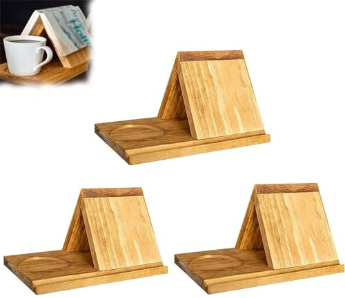 Bücherablage aus Holz mit Becherhalter, personalisierbar, massives Eichenholz, Buchständer-Set für Buchliebhaber, Geschenk, 3 dreieckige Seitenhalter