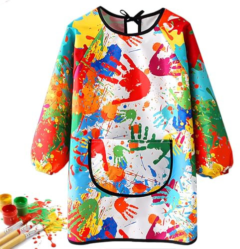 QIGHLIS Malschürze Kinder, Wasserdicht Malkittel, Malerkittel für 7-11 Jahre Mädchen Junge, Bastelschürze mit Ärmeln und Big Taschen, Malkittel Schule, Für Schule Kunst Malerei Kochen