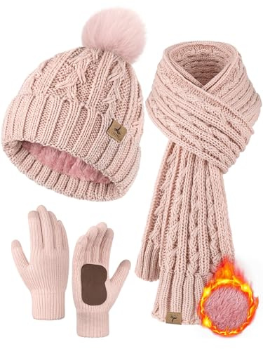 Wintermütze, Schal, Handschuhe, Set, Fleece-gefüttert, Bommelmütze, warm, gestrickt, langer Schal, Touchscreen-Handschuhe, Wintergeschenk für Damen