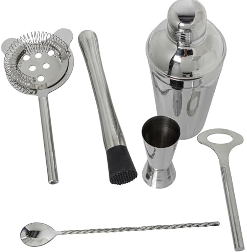 Set de 6 Utensilios para Cocktail de Acero Inoxidable Brillo Cuchara 28 cm. Coctelera 550 ml