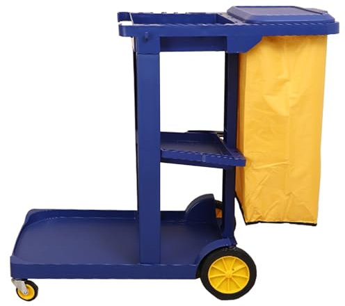 janitorial Cart Janitorial Cart 300 Lbs Capacity Housekeeping Cart，3-Shelf Plastic Cleaning Cart， 25 Gallon Bag With lid(Blue)