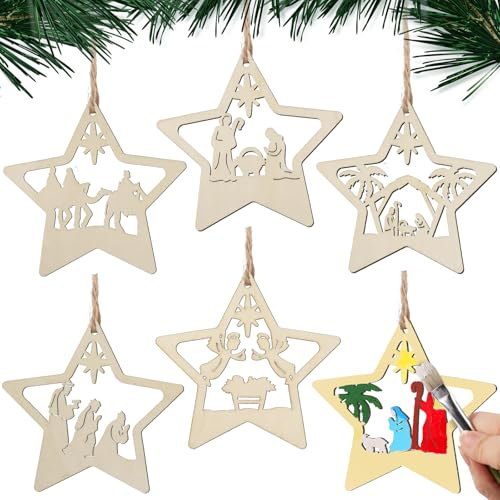 6pcs Adornos Belén Navidad Reyes Magos Adornos Madera para Árbol de Navidad Manualidades Niños Pintar DIY