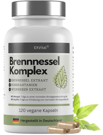 EXVital Brennnessel Kapseln Komplex mit Weinreben & Rosskastanien Extrakt, 800mg Brennnessel Extrakt pro Tag, 120 vegane Kapseln, Clever mit Mangan & Kupfer, vegan & ohne Zusätze