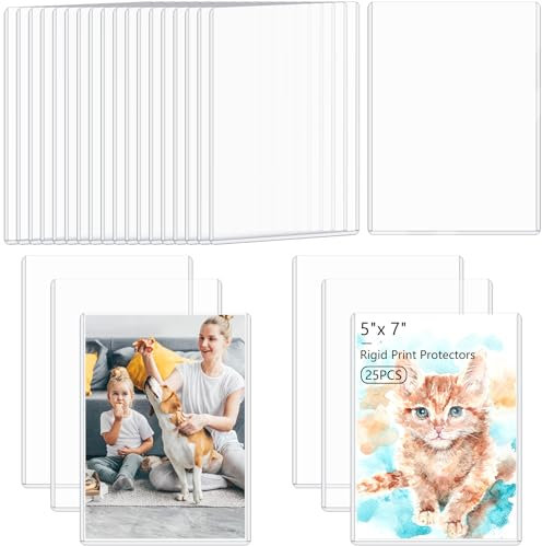 AKONEGE 25PCS 5 x 7 Rigid Print Protectors Clear Waterproof Hard Plastic Page Sheet Protectors Rigid Sheet Protectors Top Loading Photo Card Plastic Sleeves Paper Document Holder