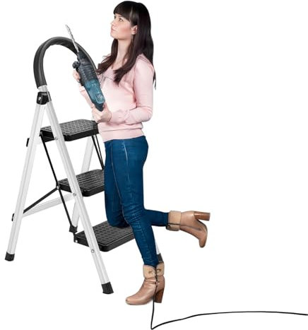 pofluany 3 Step Ladder, Folding Step Ladder, Folding Step Stool with Anti-Slip Wide Pedal and Handrails, Kitchen Step Stool Multi-Purpose stepladders for Home or Rv Outdoor Work, 330 Lbs Load White