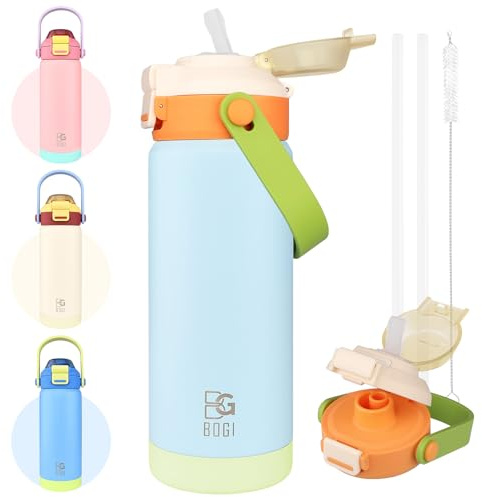 BOGI Kids Metal Water Bottle with Straw, 550ml Stainless Steel Water Bottle Kid for School Leak Proof Insulated Water Bottle 2-in-1 Duo Lid for Boys Girls Keep Drinks 12h Hot & 24h Cold | Orange