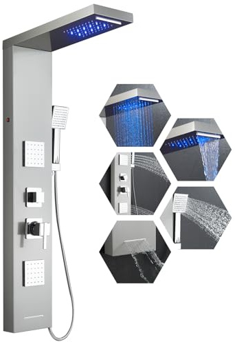ROVOGO Duschpaneel mit Armatur und LED, 5-Funktion Duschsäule - LED Regen-/Wasserfall-Duschkopf, 2 Eckige Massagedüsen, Handbrause und Wasserfall Wanneneinlauf, Edelstahl Gebürstet, Wandmontage
