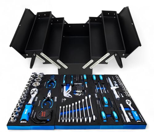 DeTec. Werkzeugkiste black Edition | klassischer Metall-Werkzeugkasten gefüllt mit Werkzeug - 86tlg. Sortiment - Schwarz Werkzeugkoffer