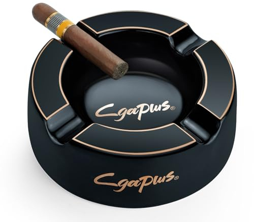 Cgaplus Cigar Ashtray 8 Round Classic Ceramic Large Ashtray 4 Cigarettes Rest for Outdoor Home Office Patio Gift for Men Black
