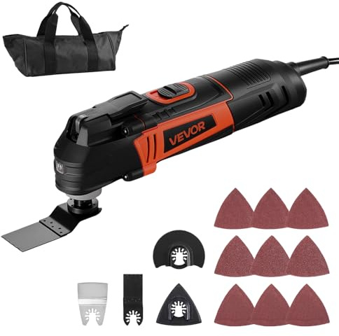 VEVOR - Multiherramienta oscilante de 4 amperios con cable de 6 velocidades variables 7000-19000 OPM, ángulo de rotación de 3,2°, 13 accesorios de sierra, luz de trabajo