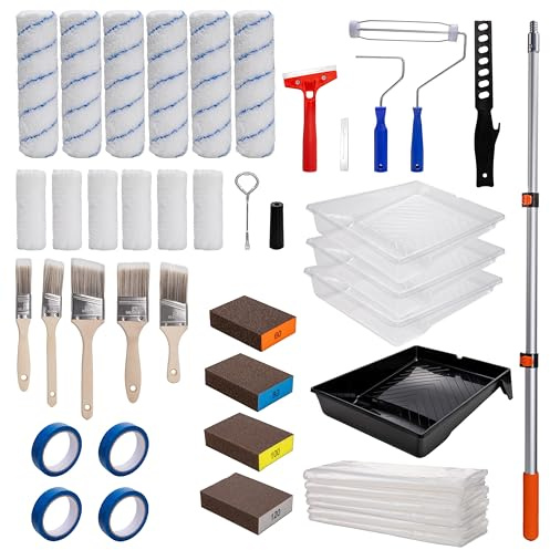 PuliKit 41-Pcs Complete Paint Roller Kit with Extension Pole, Professional Wall Painting Supplies for Home interior, 4 & 9 Paint Roller Tray Set, Paint Brushe for Walls, Ceilings, Oil Paint & Stains