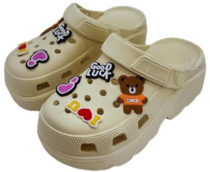 SUNSEA Shoes Zuecos Mujer con Plataforma y Suela Eva, Cómodos y Transpirables. Zuecos Sanitarios con Dibujos Decorativos (Beige, Sistema Tallas Calzado EU, Adulto, Mujer, Números, Mediano, 36)