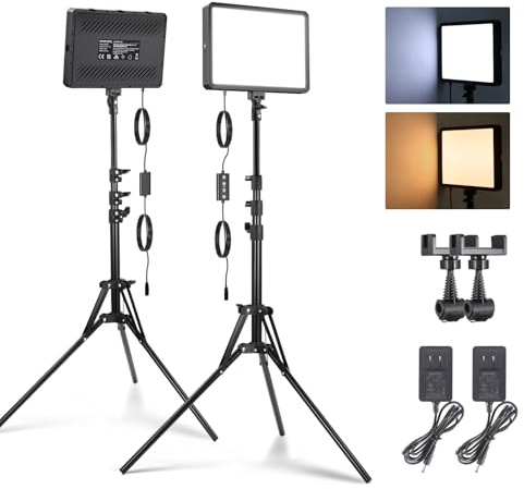 NEEWER BASICS 2 Pack 25W LED Video Panel Lighting Kit, 2 59 Tripod Stands, 4 Cold Shoes, 2880lx/0.5m 2700-6500K Dimmable Slim Panel Light for Studio Photography Video Recording Live Streaming, BP25B