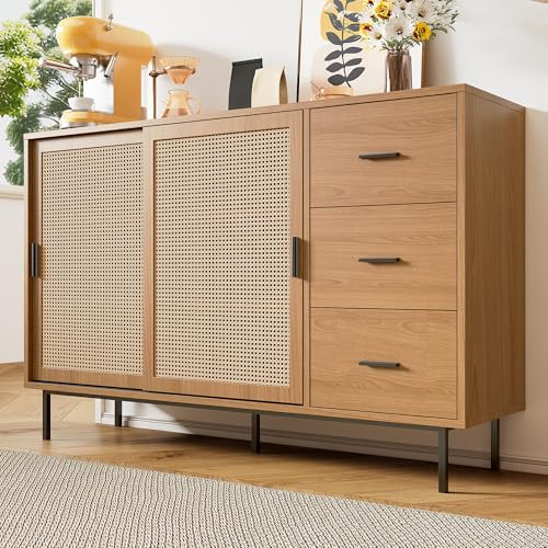 Moimhear Sideboard mit 2 Schiebetüren und 3 Schubladen, Nussbaum, Maße: B140/H91/T37 cm, mit verstellbaren Einlegeböden, Sideboard im Landhausstil
