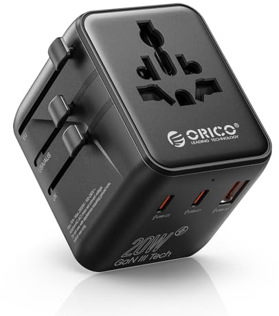 ORICO Adaptateur Universel de Voyage avec 2 Ports USB-C (PD 20W) et 1 USB-A, Adaptateur Prise Internationale pour France vers UE, Anglaise, États-Unis, AU, Chine, Japon, Thaïlande + 200 Pays -UA