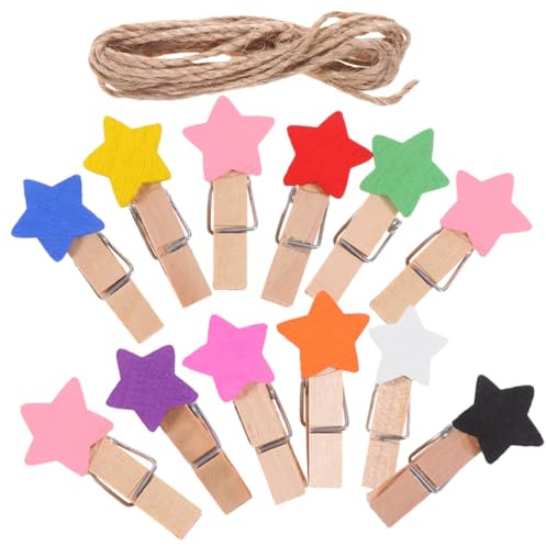 ELAYARD Pinzas de Madera Pequeñas con Diseño de Estrella de Cinco Puntas Cuerda de Yute Clips Compactos Multifuncionales para Fotos Notas y Decoración DIY