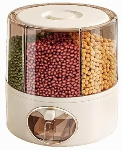 Contenedor de almacenamiento de granos giratorio de 360°, dispensador de arroz transparente de 6 compartimentos con salida de un clic, organizador hermético de alimentos secos para arroz, legumbres