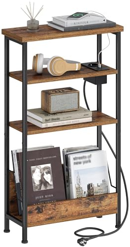 Hzuaneri Table d'Appoint Fine, Bout de Canape à 4 Niveaux avec Porte-revues et Prise de Recharge, Table d'Appoint Adaptée aux Salons, Chambres et Bureaux, Marron Rustique ET40001BEU